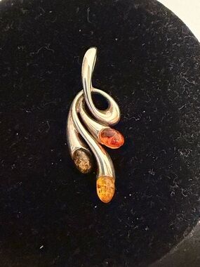 Sterling Silver Pendant with Amber Accents - Orange/Brown